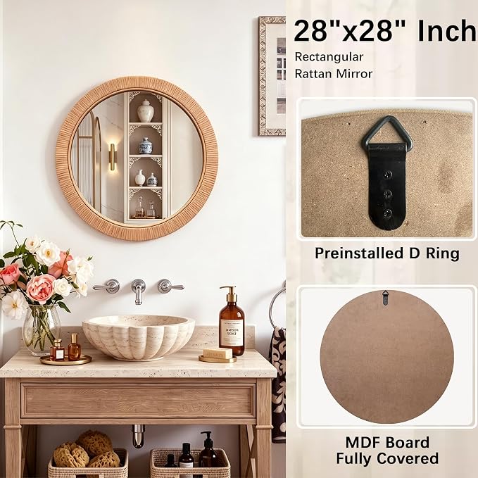 26"x26" inch Large Round Rattan Mirror for Wall, Boho Decorative Wicker Mirror Waterproof Synthetic Rattan Frame, for Bathroom, Bedroom, Living Room, Entryway