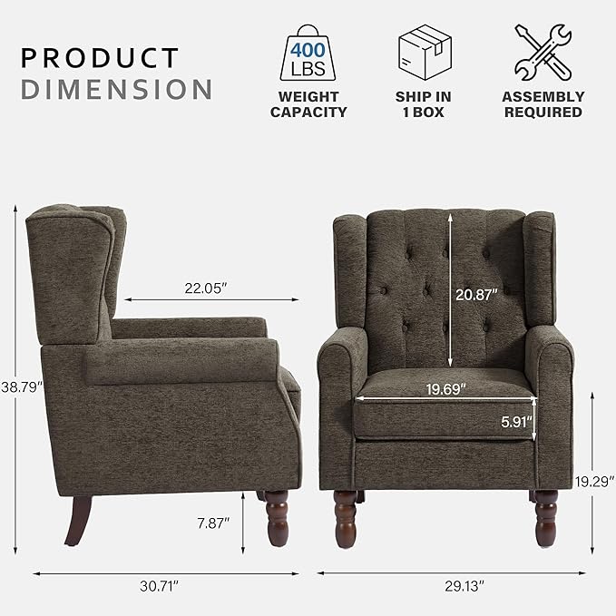 Accent Chairs Set of 2, High Back Upholstered Chair with Button Tufted, Mid-Century Modern Comfy Wingback Chair Reading Armchair in Fabric for Living Room for Bedroom, Office-Taupe