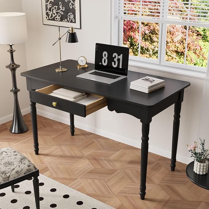 Timechee 47 inch Study Computer Desk, Black Office Work Desk with a Storage Drawer for Bedroom, Mid-Century Modern Computer Study Writing Table with Roman Column Legs for Home Office, Living Room