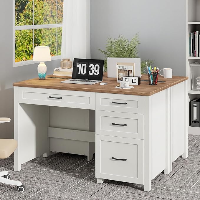 Vabches Farmhouse 47" Executive Desk, Computer Desk with File Drawer and Charging Station, Workstation for Home Office & Study.Off White