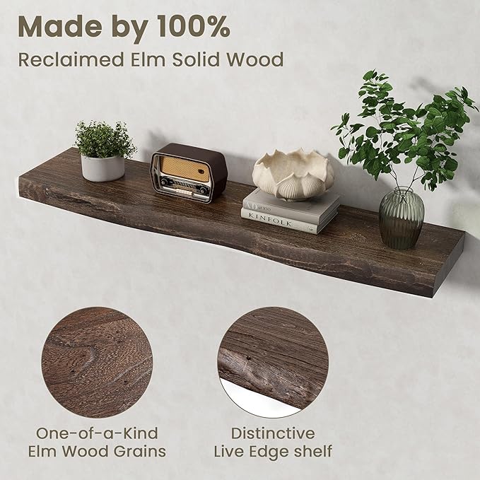 Fun Memories Floating Shelves for Wall Decor Set of 1-40 Inch Solid Elm Wood Live Edge - Rustic Walnut Wall Shelves with Invisible Brackets - for Living Room, Bedroom, Kitchen - Walnut Finish