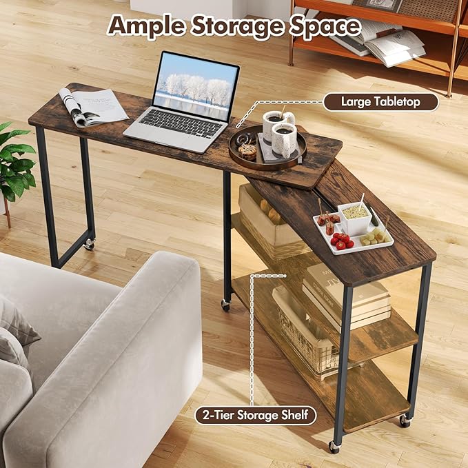 Giantex 360 Rotating End Table, Large Rustic Brown Walnut & Alloy Steel, 40" X 12", 2-Tier Storage Shelves, 265 lbs Weight Capacity