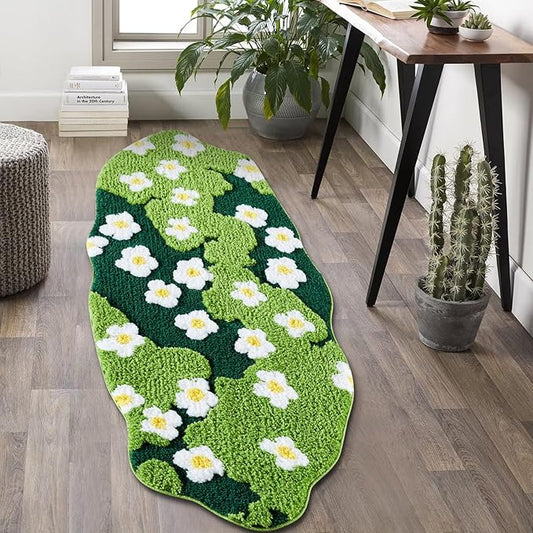 Cute Green Floral Bathroom Runner Rugs Extra Long Bath Mat 24''W x 60''L Non Slip Washable, Modern Chic Boho Aesthetic Trendy Funky Grass Throw Runner Rugs for Kitchen Bedroom Entryway