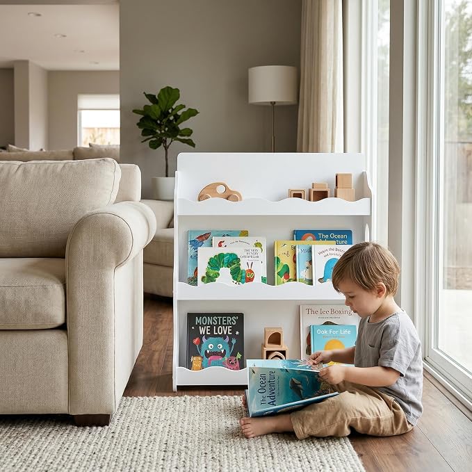 Kids Bookshelf Wooden Montessori Book Shelf Dutch Design 3Tier Scalloped,SnowfallWhite