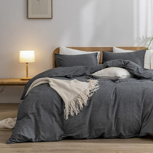 BESTOUCH Duvet Cover Set 100% Washed Cotton Linen Feel Super Soft Comfortable Chic Lightweight 2 PCs Home Bedding Set Solid Dark Black Twin/Twin XL