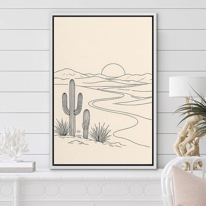 Woodrose Framed Canvas Print Wall Art Minimalist Desert Landscape Line Illustrations Modern Art Minimalist 3D Colorful Ultra for Living Room, Bedroom, Office - 24"x36" WHITE