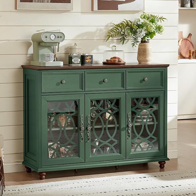 Farmhouse Sideboard Buffet Cabinet Set of 2 with Storage,48" Large Credenza with 3 Glass Doors & 3 Drawers,Adjustable Shelves Console Table,Wood Kitchen Coffee Bar for Dining Room,Green