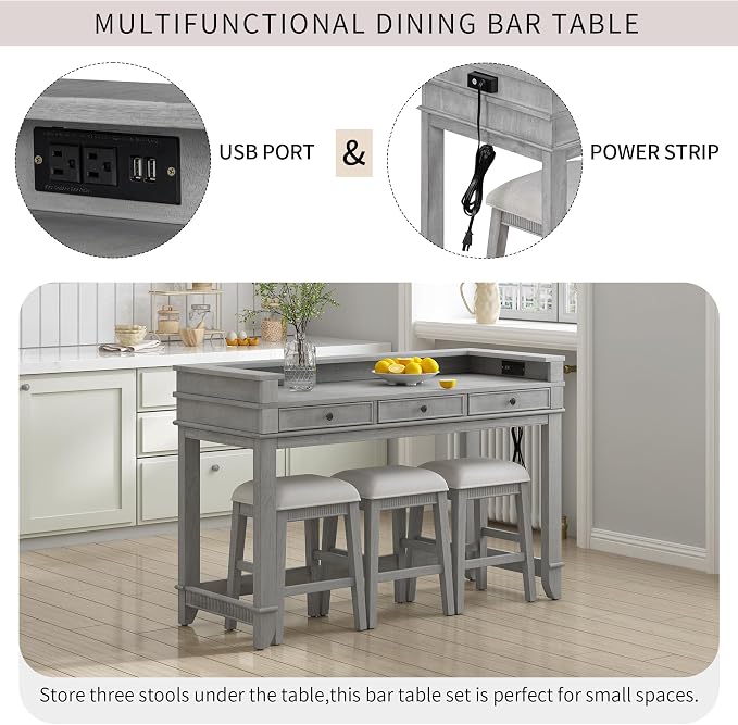 VilroCaz 4-Piece Counter Height Extra Long Dining Table Set with 3 Drawers and Upholstered Stools, Rubber Wood Dining Table Set Home Bar Set with Footrest and USB Port (Grey-B1)