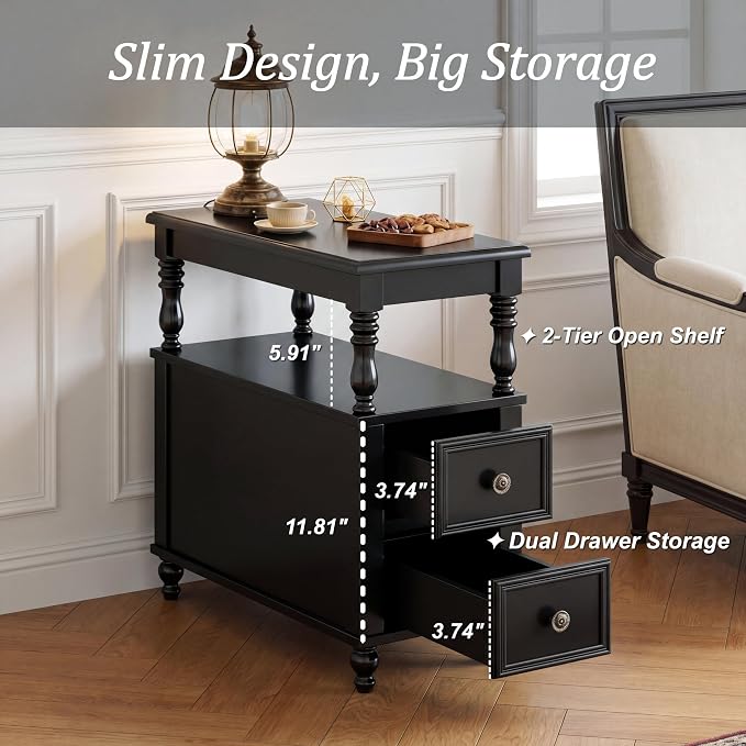 Tribesigns Solid Wood End Table, Vintage Side Table with 2 Drawers & 2-Tier Open Shelf, Mid-Century Nightstand, Slim Bedside Table for Small Space, Bedroom, Living Room, Black