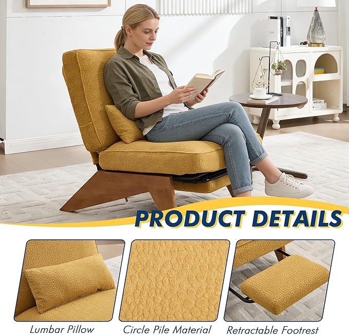 Accent Chair with Ottoman Adjustable Backrest, Stripe Living Room Chair Indoor Lounge Chair with Build-in Footrest Set, Modern Chair Cozy Reclining Chair for Reading Room, Yellow