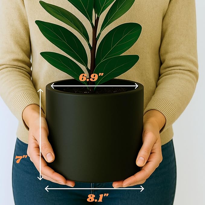 Fox & Fern Large Indoor Planter, Modern Large Plant Pot for Indoor or Outdoor, UV and Frost Resistant - 8 Inch, Fiberstone, Matte Black Flower Pot with Drainage Plug, Lightweight