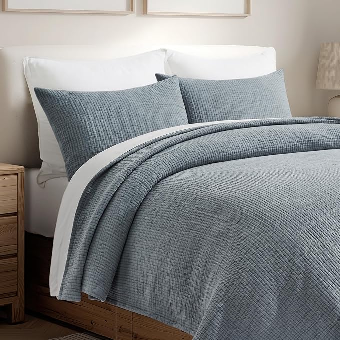 EVERGRACEHOME Cotton Gauze King Bedspread, Ultra Soft Prewashed Pick Stitch Matelassé Coverlet, Lightweight Textured Oversized King Quilt Bedding Set for All Season, with 2 Shams, Dusty Blue