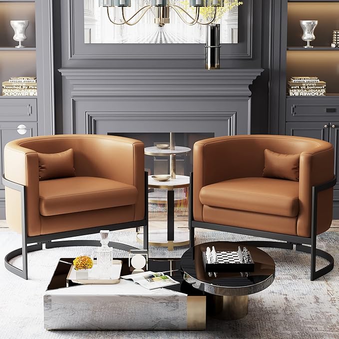 Brown Faux Leather Barrel Accent Chair Modern Upholstered Armchair for Living Room Bedroom Single Sofa Chair Club Side Chairs