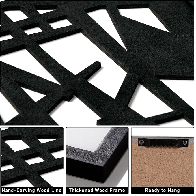 3D Wood Abstract Wall Art, Framed Black and White Wall Art, Modern Minimalist Black Wall Decor for Living Room Bedroom Bathroom Dining Room (Ready to Hang, 12x16 inches, Set of 3, Framed)