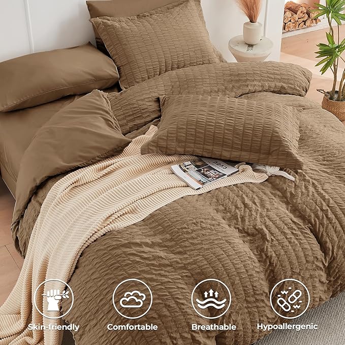 HYMOKEGE Brown Twin XL Comforter Set Seersucker 5 Pieces, All Season Luxury Bed in a Bag for Bedroom, Bedding Set with Comforter, Sheets, Pillowcase & Sham