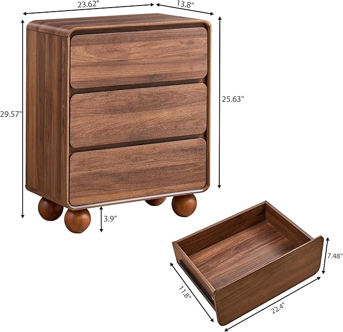 AVZEAR Modern 3 Drawer Dresser for Bedroom, Wooden Dresser Chest of Drawers, Handle Free & Curved Profile Design, Mid Century 3 Drawer Nightstand for Living Room, Walnut