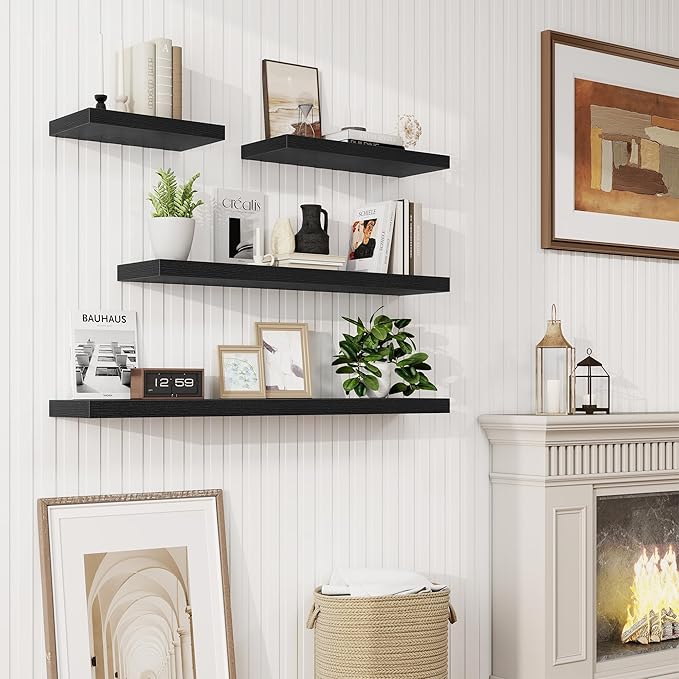 24in Floating Shelves for Wall, 24"W x 9.25"D x 1.25"H, 2 Pack Long Wall Mounted Engineered Wood Shelves with Invisible Brackets for Living Room, Bedroom, Bathroom, Kitchen Decor and Storage, Black