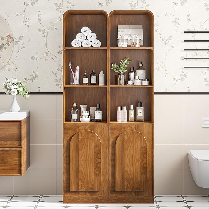 Tall Narrow Storage Cabinet with Arched Door, Slim Bathroom Cabinet with 5 Tier Shelves, Wood Mid Century Modern Display Cabinet for Living Room, Kitchen, Walnut, Adjustable Shelf, Wooden, Thin