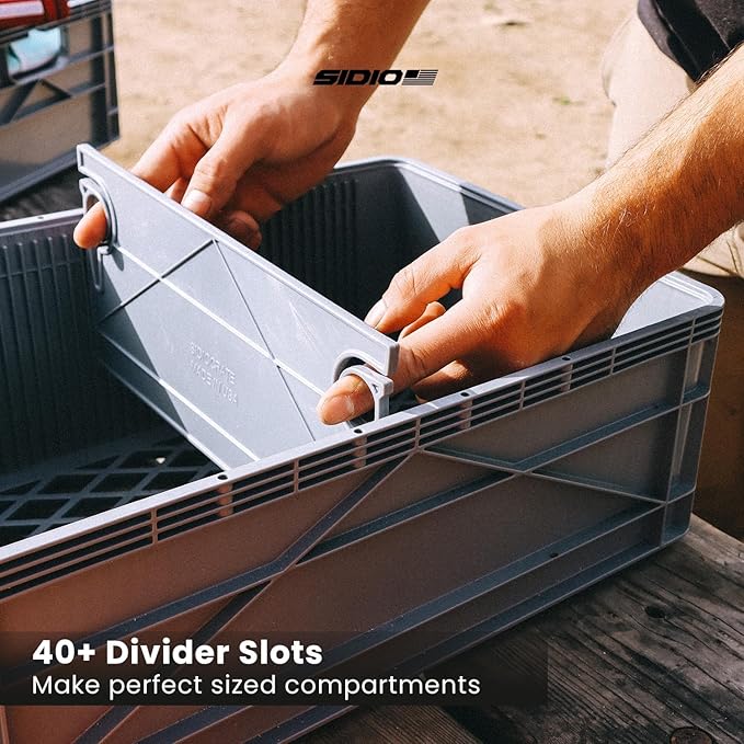 SIDIO Quarter Crate 4 Pack of Stackable Storage Bins - Organizer Bins with Dividers for Garage Organization, Home Storage - Heavy Duty Plastic Containers - 19.16” x 12.75”x 4.57” (Tan)
