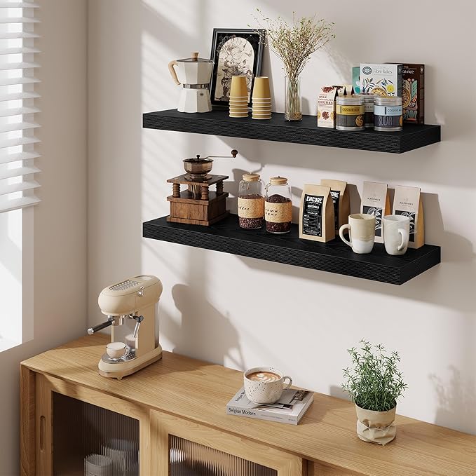 Fun Memories Floating Shelves for Wall 36 Inches, Wood Shelves with Invisible Bracket, 10" Deep Shelves Wall Mounted, Large Wood Floating Shelves for Living Room Bathroom, Black, Set of 2