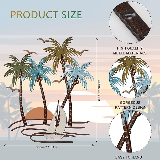 Shimeyao Coastal Metal Wall Art Palm Tree Metal Wall Art Outdoor Beach Bathroom Decor Tropical Tree Sculptures for Indoor Outdoor Decor(Sailboat)