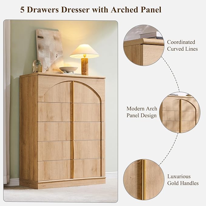 ACCOHOHO Modern 5 Drawers Dresser for Bedroom with Arched Panel,44" Tall Dresser for Closet with Metal Handles,Push-to-Open Wood Storage Closet Dressers for Living Room, Hallway,Natural Oak