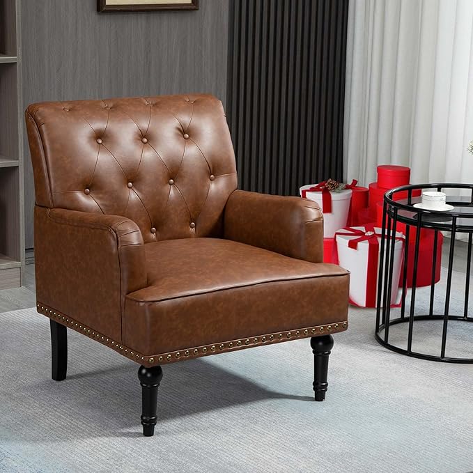 MOJAY Faux Leather Accent Chair, Mid-Century Armchair Living Room Sofa Chair with Rubber Wood Leg, Club Chair with Rivet Trim for Bedroom Reading Room Reception (Brown)