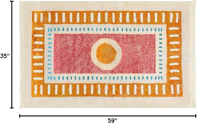 Lukinbox Boho Kids Area Rugs for Living Room, 3x5 Sun Machine Washable Bedroom Rug, Super Soft Non-Slip Orange Circular Rainbow Throw Rug for Entryway Playroom Nursery Room Dinning Room