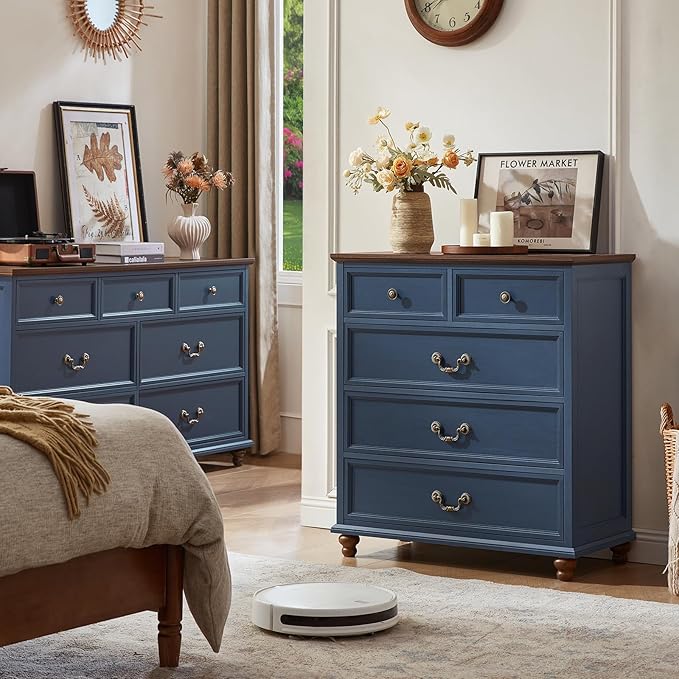 Farmhouse 5 Drawer Dresser for Bedroom, 35" Tall Rustic Chests of Drawers w/ 4 Solid Wood Feet, Mid Century Modern Wooden Closet Storage Dressers Organizer for Living Room, Hallway,Blue
