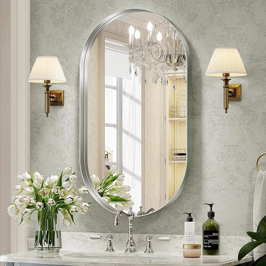 Brightify Silver Oval Mirror for Bathroom 20x36 Inch, Metal Framed Vanity Silver Mirrors, Modern Pill Shape Mirror for Bedroom Living Room Wall Decorative Hang Vertical and Horizontal