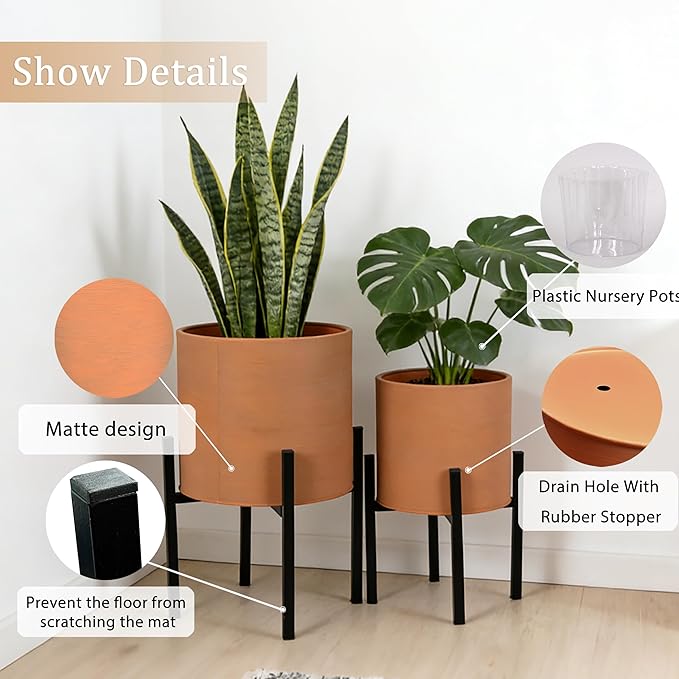ARNIS Modern Plant Pots, Set of 2 Large Planters with Stand, Decorative Planters, Metal Pots with Drainage Holes for Living Room, Office, Garden or Balcony, 8.25 &10.5 Inch, Terracotta