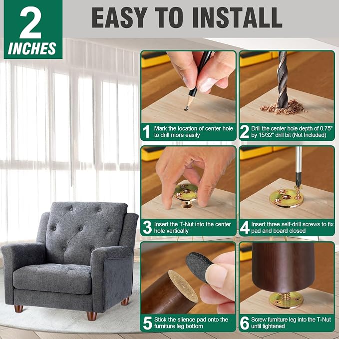 FoDau770 Brown Rubber Wood Furniture Legs 2 Inches, 5/16" UNC Straight Tapered Wood Feet Mid Century Sofa Legs, Wooden Furniture Feet Replacement Parts for Cabinet Couch Dresser Chair Ottoman Table