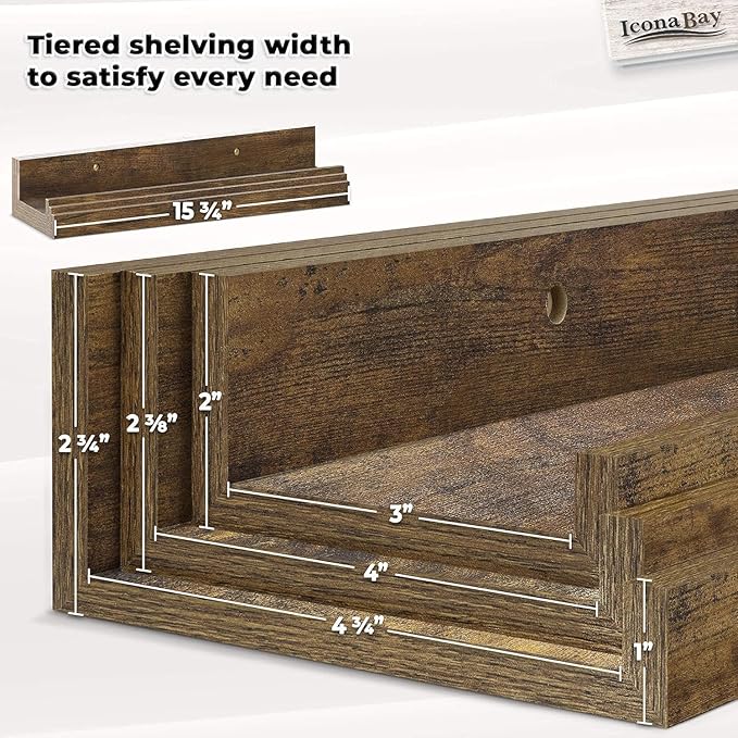 Icona Bay 16 Inch Floating Shelves for Wall - Set of 3 in Walnut Brown - Modern Rustic Style - Wall Mounted Display Shelves - Picture Ledges