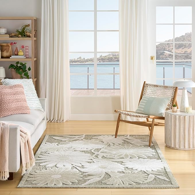 Nourison Home Aloha Ivory Sage 5'3" x 7'5" Area Rug - Easy Clean, Non Shedding, Bed Room, Living Room, Dining Room, Kitchen (5' x 8')