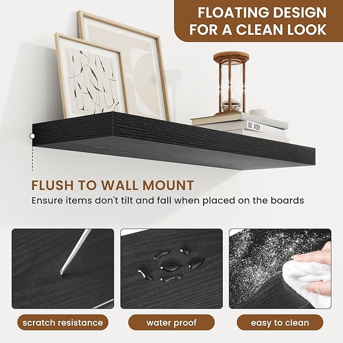 fuqing Floating Shelves for Wall, Wall Mounted Wood Floating Shelf with Invisible Brackets for Living Room, Bathroom, Bedroom, Kitchen Storage and Decor, 24 Inch Set of 2, Black
