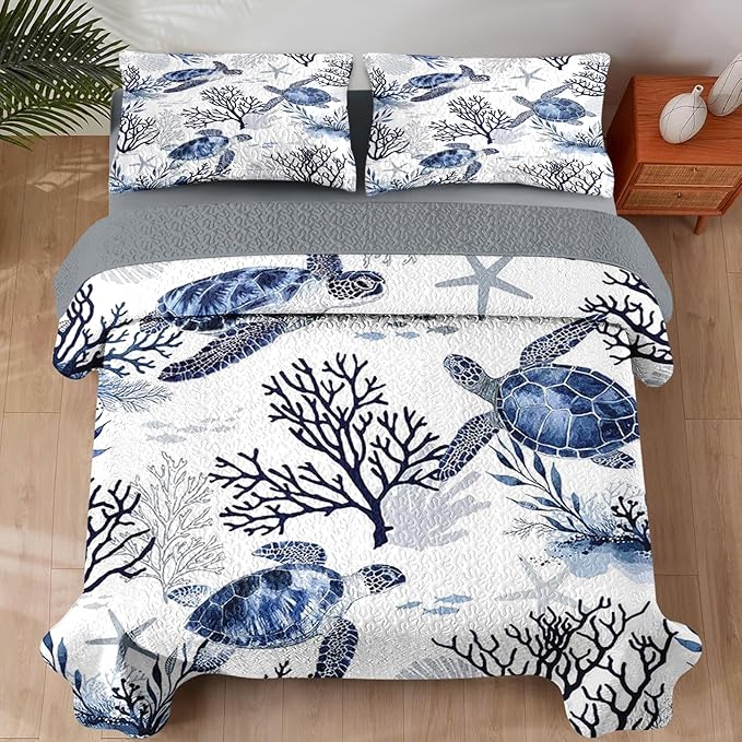 Pamnest Quilt Set Twin Size, Ocean Sea Coral 2 Pcs Soft Bed Cover Bedding Set for Kids and Adults, Blue Animal Turtle Lightweight Bedspread Coverlet with Pillow Sham for All Season