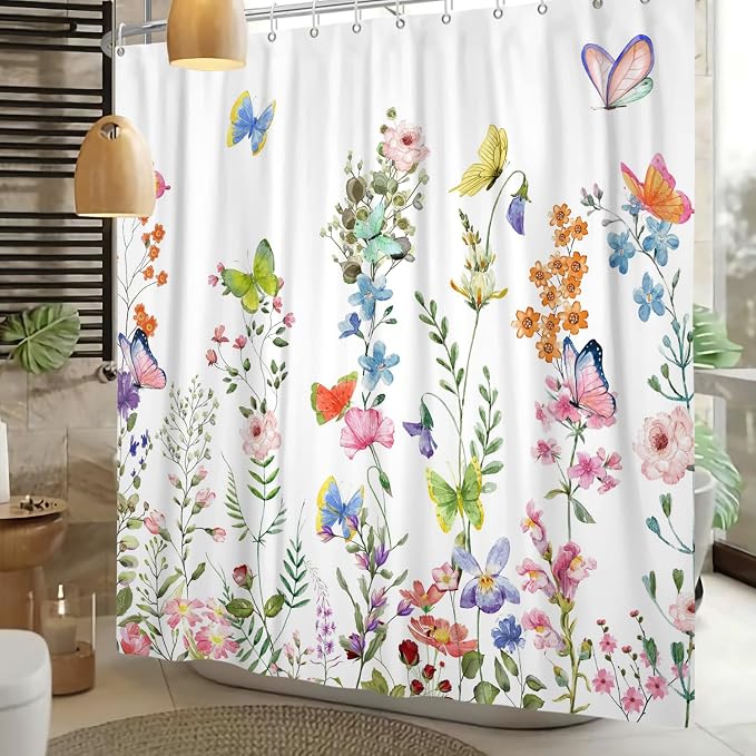 Spring Floral Butterfly Shower Curtain Summer Colorful Wildflowers Botanical Shower Curtain for Rustic Vintage Bathroom Decor Easter Shower Curtain Set 72x84 Inches