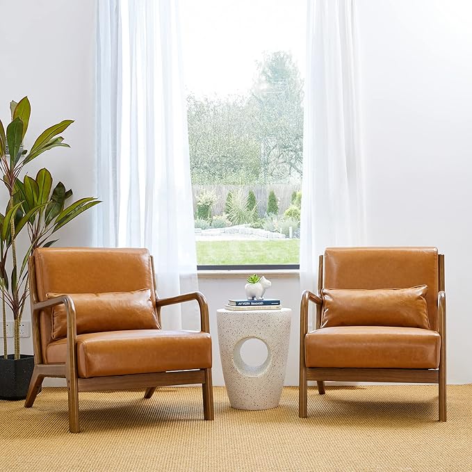 Glitzhome 2 Set Mid Century Yellowish Brown Accent Armchair, Single Reading Armchair PU Leather Lounge Chair with Walnut Ruberwood Frame