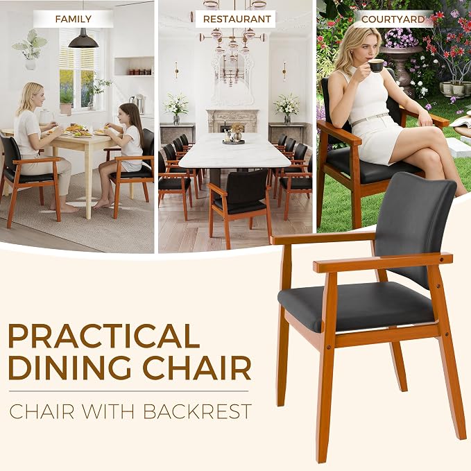 Dining Chairs with Arms Set of 2, Wood Frame Faux Leather Kitchen Chairs, Comfortable Upholstered Accent Chairs for Kitchen, Dining Room,and Living Room(Black)