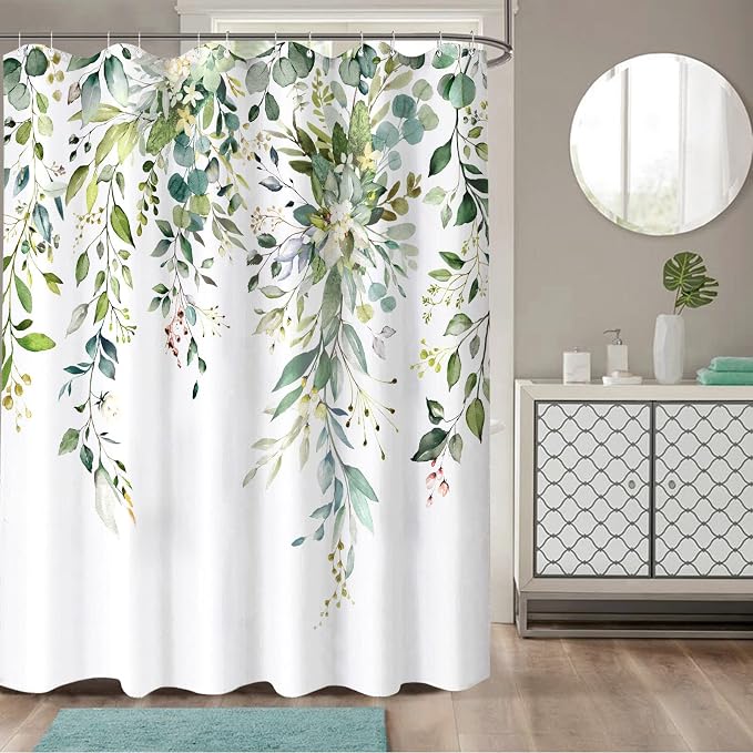 Long Green Eucalyptus Shower Curtain Watercolor Floral Plant Leaf Shower Curtains for Bathroom Botanical Flower Waterproof Fabric Bath Curtain Decor with Hooks (Green, 72'' x 78'')