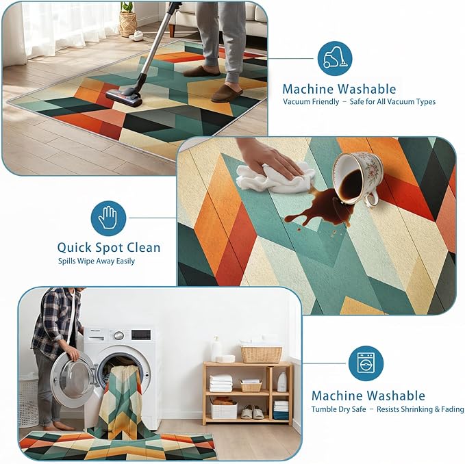 Geometric Rugs for Bedroom - Washable Mid Century Modern Rugs for Living Room - 7x7 ft - Abstract MCM Design Area Rug & Home Decor - Retro Indoor Carpet with Non Slip Backing
