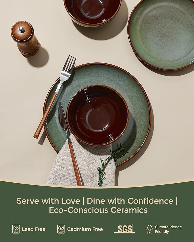 36 Piece Stoneware Dinnerware Sets, Ceramic Plates and Bowls Set, Microwave & Dishwasher Safe Kitchen Dish Set, Modern Dinner Salad Plates | Cereal Bowls for 12, Dishware Sets Sage Green