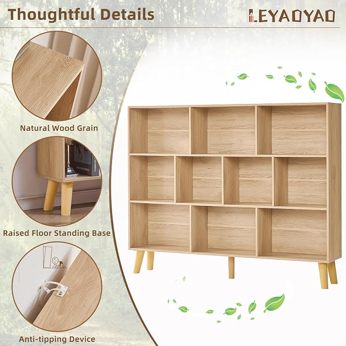 LEYAOYAO 10 Cube Bookshelf, 3 Tier Vintage 55" Wide Bookcase with Legs, Mid-Century Wood Bookshelves Storage, Light Wood Large Book Case, Freestanding Organizer Display Shelf for Living Room, Office