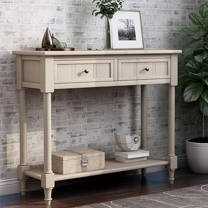 35.43” Entry Console Table with Drawers & Bottom Open Shelf, Solid Wood Sofa Couch Table for Entryway Living Room, Save Space, Retro Grey
