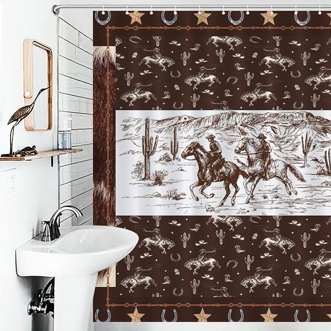 Western Horse Cowboy Shower Curtain for Boys Men Kids Teens Rustic Country Wild West Waterproof Shower Curtains for Bathroom Decor 12 Pack Hooks 66x72in（168x183cm）