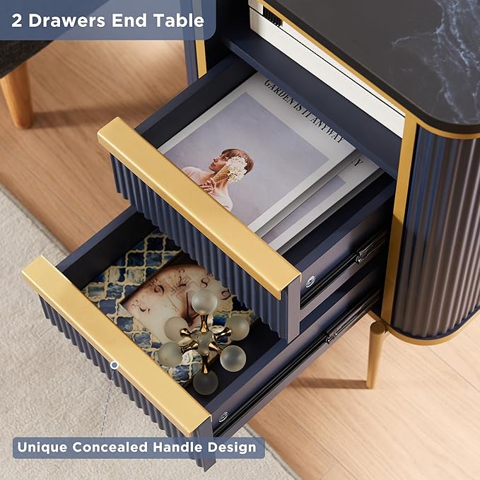 OKD Modern Chic Fluted Nightstand Set of 2 Luxury with Charging Station, End Table/Bed Side Table w/2 Drawers, Faux Marble Tabletop, Gold Metal Decor, Curved Edge Design, Navy Blue