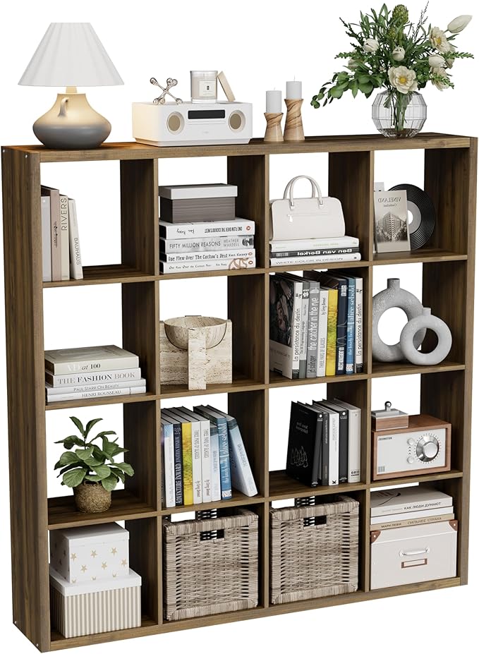 Cube Storage Organizer Bookcase, Decorative 11 inch Open Back Cubical Shelf with Thickened Border, Display Bookshelf for Living Room, Home Office, Sturdy Room (Brown, 16 Cube)