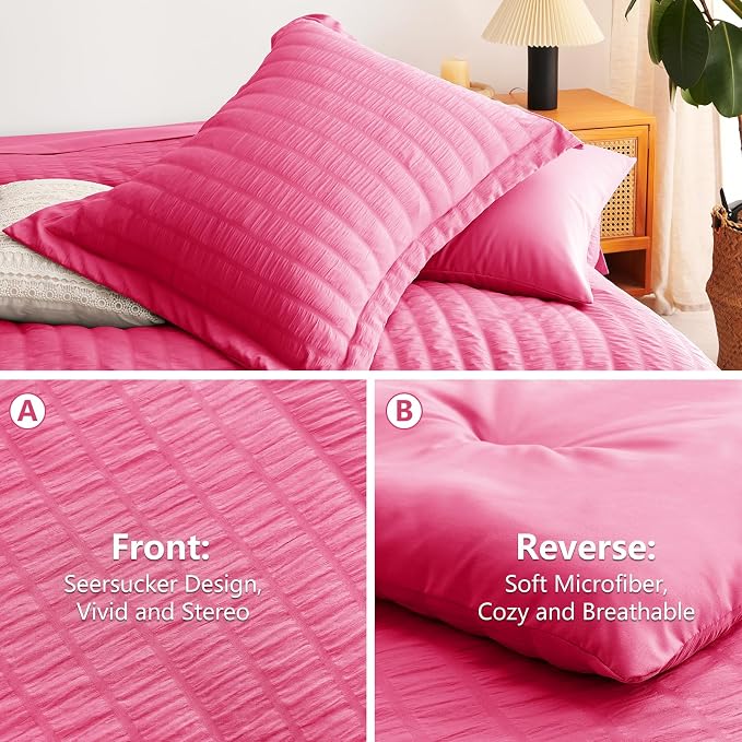 CozyLux King Size Comforter Set Hot Pink, 7 Pieces Seersucker Textured Luxury Bed in a Bag, All Seasons Soft Bedding Sets with Down Alternative Comforter, Sheets, Pillowcases & Shams, Home Gift