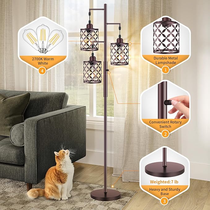 Dimmable Floor Lamp, Farmhouse Standing Lamp with Elegant Metal Cage, Industrial Tall Tree Floor Lamps for Living Room, Bedroom, Study Room, Office, 3 x 800LM LED Bulbs Included, 72", Brown