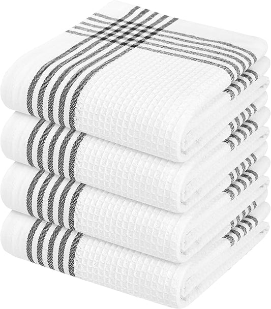 Waffle White & Black 4 Pack Kitchen Dish Towels, 100% Cotton, 16x26 inches, Wash Rags for Drying Dishes, Highly Absorbent, Long Lasting Hand Towels Set for Daily Cooking & Cleaning
